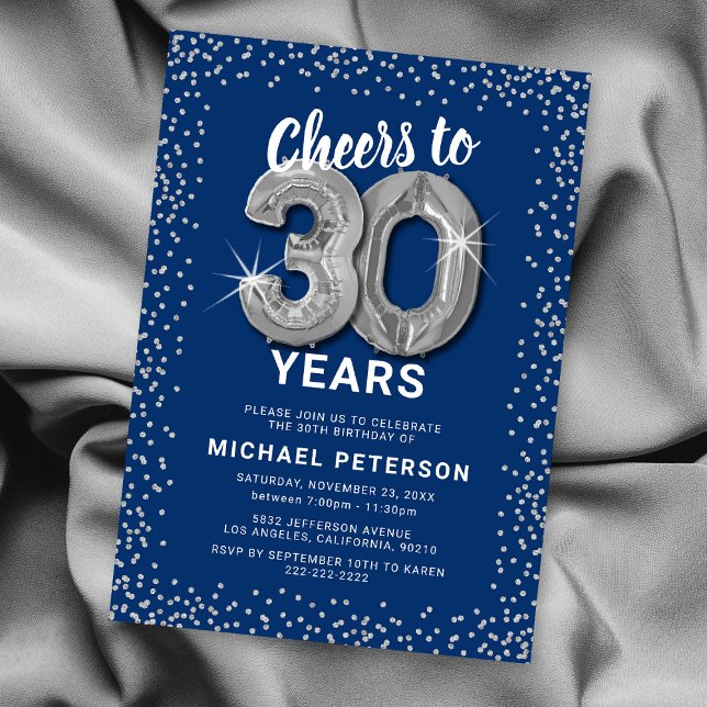 Blue Silver 30th Birthday Invitation (Creator Uploaded)