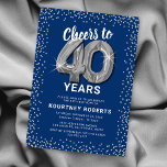 Blue Silver 40th Birthday Invitation<br><div class="desc">Elegant fortieth birthday party invitation featuring a stylish blue background that can be changed to any colour,  silver sparkly glitter,  forty silver hellium balloons,  and a modern 40th birthday celebration text template that is easy to personalise.</div>