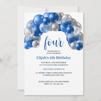 Blue Silver 4th Birthday Invitation Balloon Party