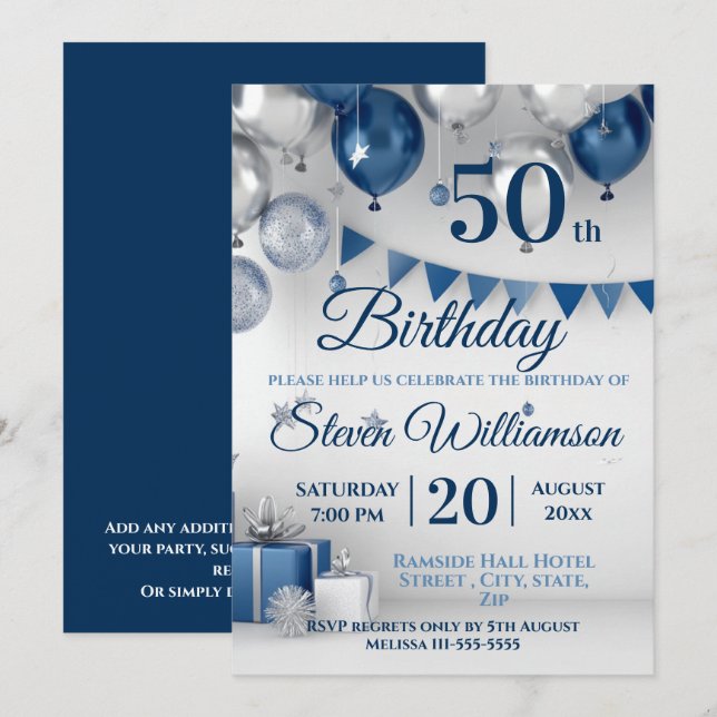 Blue Silver 50th Birthday Invitation (Front/Back)