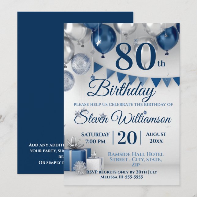 Blue Silver 80th Birthday Invitation (Front/Back)