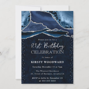 Blue Silver Agate Marble Glam 21st Birthday Invitation