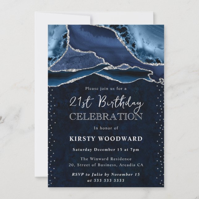 Blue Silver Agate Marble Glam 21st Birthday Invitation (Front)