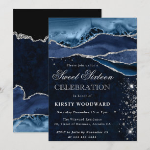 Blue Silver Agate Marble Glam Sweet 16 Invitation