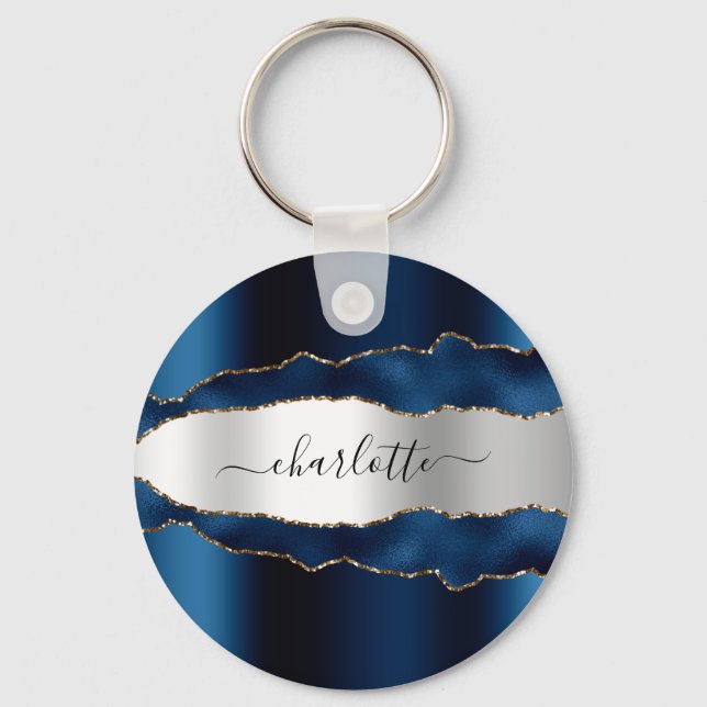 Blue silver agate marble name script key ring (Front)
