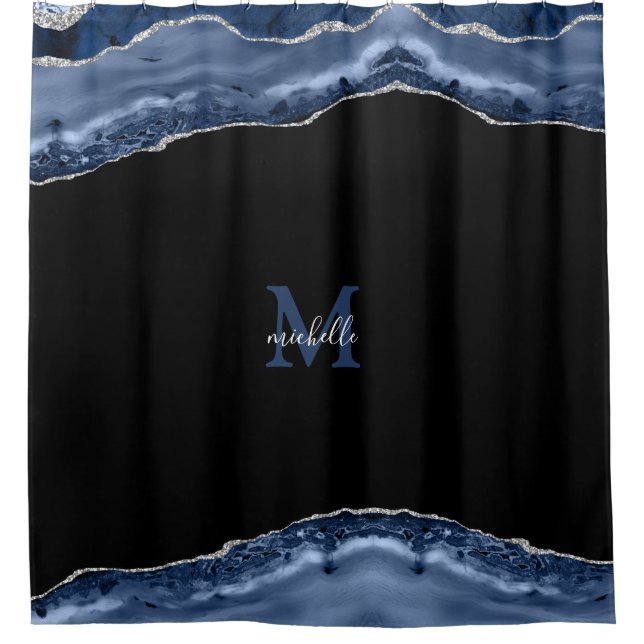 Blue & Silver Agate Personalised Monogram Shower Curtain (Front)