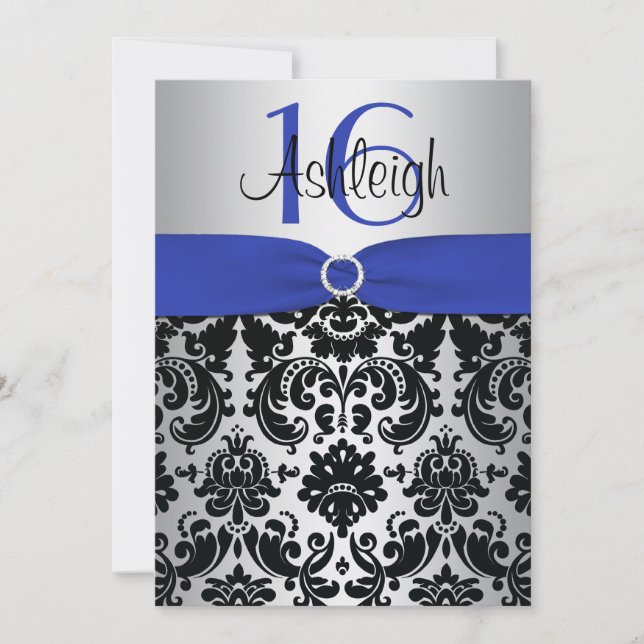 Blue, Silver, and Black Damask Sweet 16 Invitation (Front)