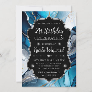 Blue, Silver and Gold Alcohol Ink 21st Birthday Invitation