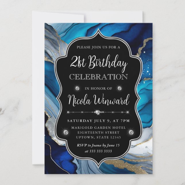 Blue, Silver and Gold Alcohol Ink 21st Birthday Invitation (Front)