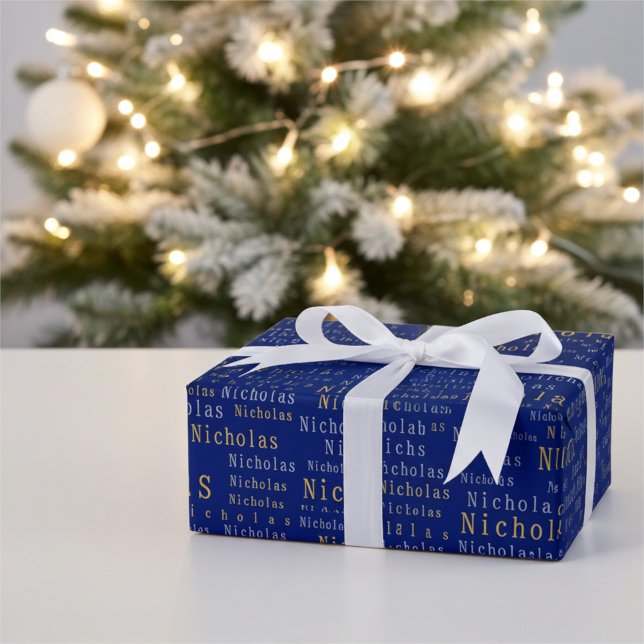 Blue, Silver and Gold Name Custom Wrapping Paper (Creator Uploaded)