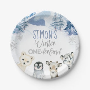 Blue Silver Arctic Winter Onederland Birthday Paper Plate
