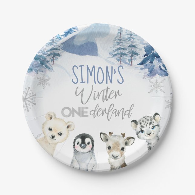 Blue Silver Arctic Winter Onederland Birthday  Paper Plate (Front)