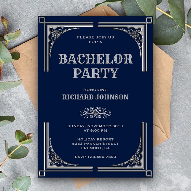 Blue Silver Art Deco Bachelor Party Invitation (Creator Uploaded)