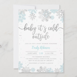 Blue Silver Baby It's Cold Outside Boy Baby Shower Invitation