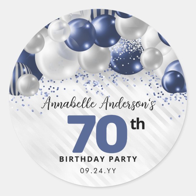 Blue Silver Balloon Glitter Favour 70th Birthday Classic Round Sticker (Front)