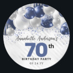 Blue Silver Balloon Glitter Favour 70th Birthday Classic Round Sticker<br><div class="desc">Modern Glam Navy Blue Silver Balloon Glitter Sparkle Any Age Birthday Favour Sticker</div>