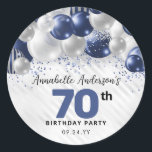 Blue Silver Balloon Glitter Favour 70th Birthday Classic Round Sticker<br><div class="desc">Modern Glam Navy Blue Silver Balloon Glitter Sparkle Any Age Birthday Favour Sticker</div>