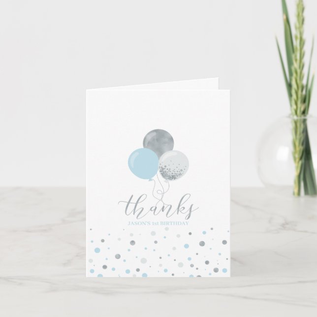 Blue & Silver Balloons 1st Boy Birthday Thank you Card (Front)