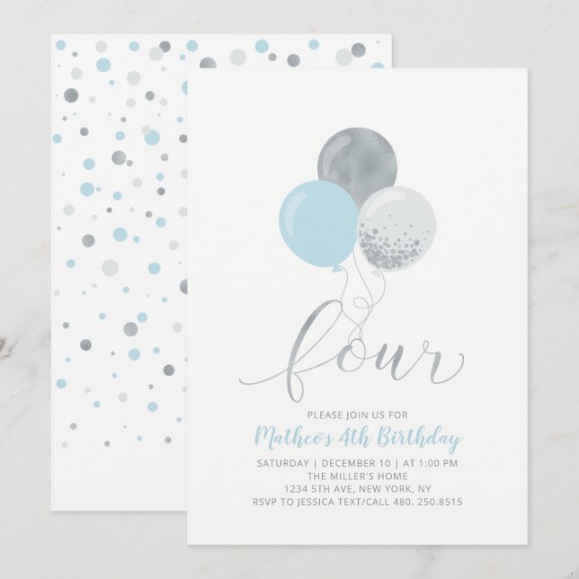 Blue & Silver Balloons Four 4th Boy Birthday Party Invitation (Front/Back)