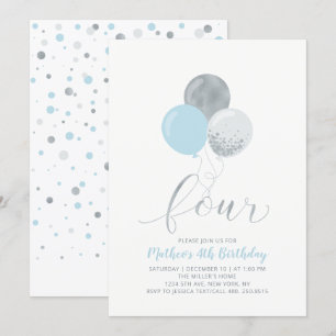 Blue & Silver Balloons Four 4th Boy Birthday Party Invitation