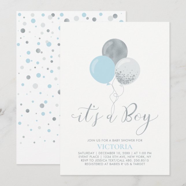 Blue & Silver Balloons | It's a Boy Baby Shower Invitation (Front/Back)