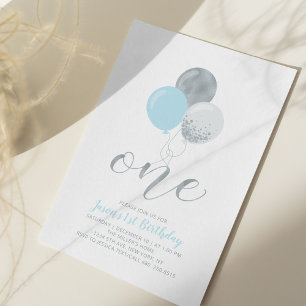 Blue & Silver Balloons   One 1st Boy Birthday Invitation