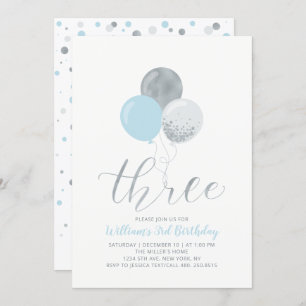 Blue & Silver Balloons Three Boy 3rd Birthday Invitation