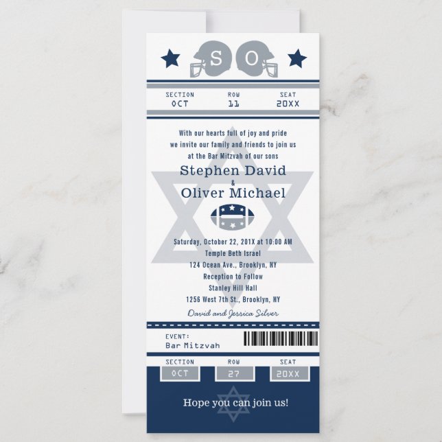 Blue Silver Bar Mitzvah for Twins Football Ticket Invitation (Front)