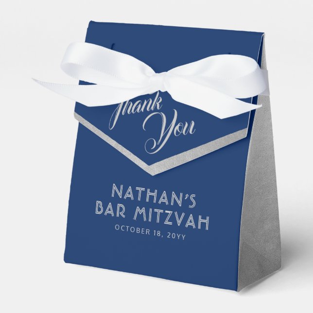 Blue & Silver Bar Mitzvah Modern Thank You  Favour Box (Front Side)