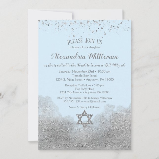 Blue Silver Bat Mitzvah Invitation (Front)