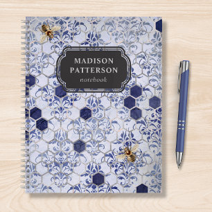 Blue Silver Bee Damask Girly Chic Modern Name Notebook