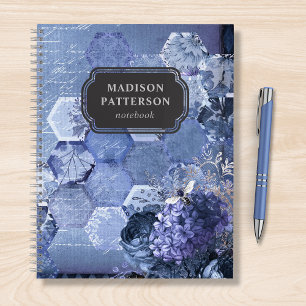 Blue Silver Bee Floral Girly Chic Modern Name Notebook