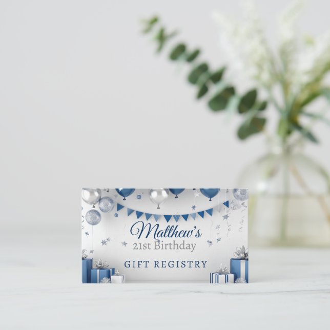 Blue Silver Birthday Gift Registry  Enclosure Card (Standing Front)