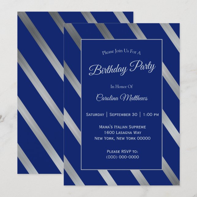 Blue Silver Birthday Invitation (Front/Back)