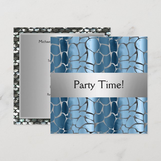 Blue Silver Birthday Party Personalised Invitation (Front/Back)