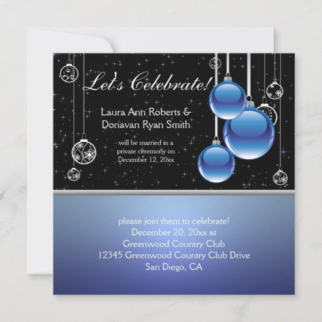 Blue Silver Black Christmas Post Wedding Invitation (Front)