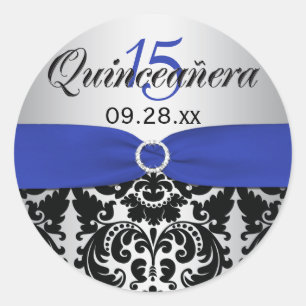Blue, Silver, Black Damask Quinceanera Sticker
