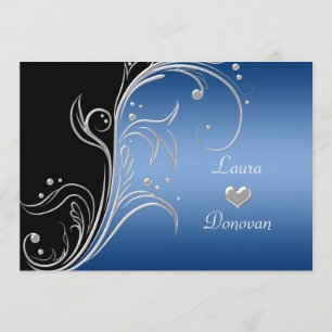 Blue Silver Black Floral Swirls Reception Only Invitation