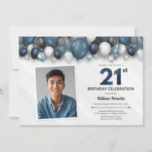 Blue Silver Black & White 21st Birthday Photo Invitation