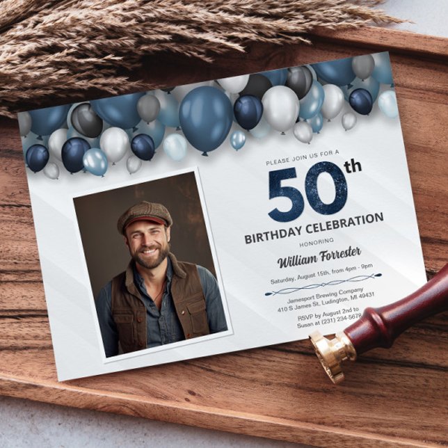 Blue Silver Black & White 50th Birthday Photo Invitation (Blue Silver Black & White 50th Birthday Photo Invitation)
