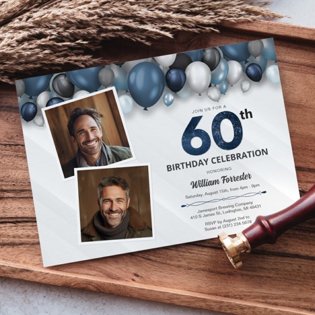 Blue Silver Black & White 60th Birthday 2 Photo Invitation (Blue Silver Black & White 60th Birthday 2 Photo Invitation)