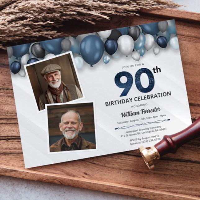 Blue Silver Black & White 90th Birthday 2 Photo Invitation (Blue Silver Black & White 90th Birthday 2 Photo Invitation)