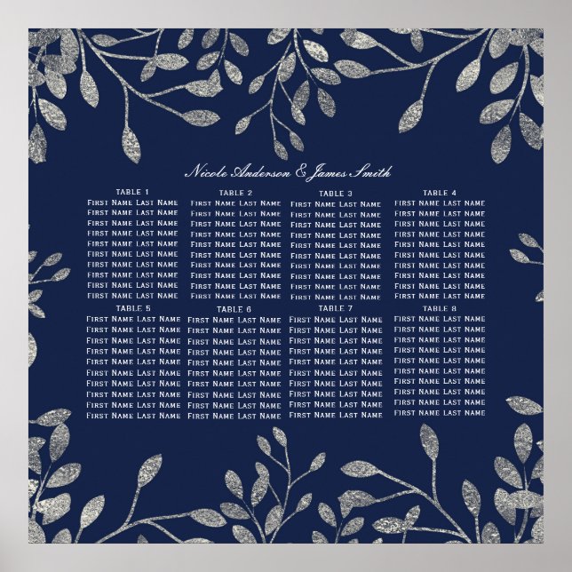 Blue Silver Botanical Floral Leaves Seating Chart (Front)