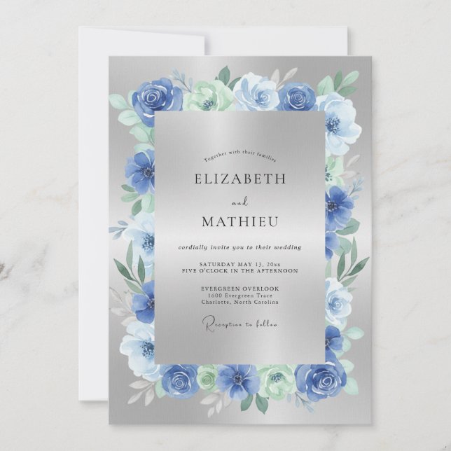 Blue Silver Botanical Flourish Wedding Invitation (Front)