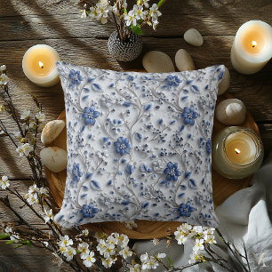 Blue Silver Botanical Harmony – Elegant Floral Des Cushion