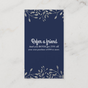 Blue & Silver Botanical Modern Chic Refer a Friend Referral Card
