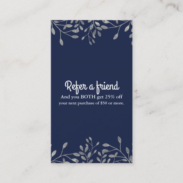 Blue & Silver Botanical Modern Chic Refer a Friend Referral Card (Front)