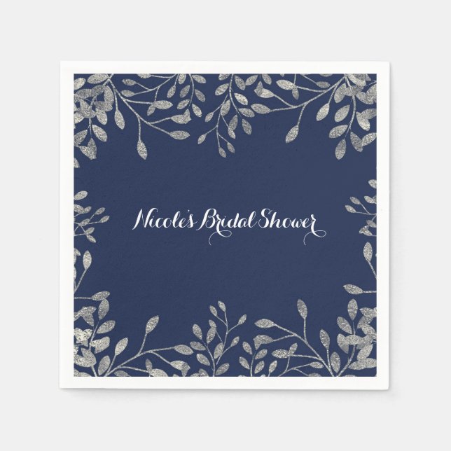 Blue & Silver Botanical Modern Elegant Wedding Napkin (Front)