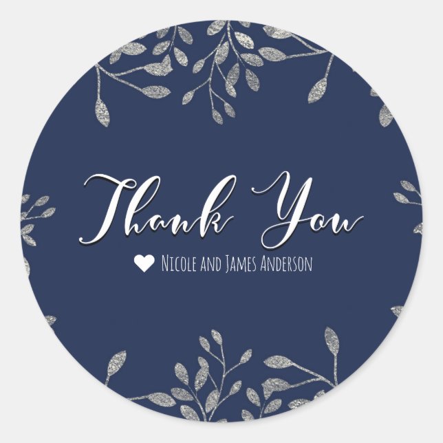 Blue & Silver Botanical Modern Wedding Favour Classic Round Sticker (Front)