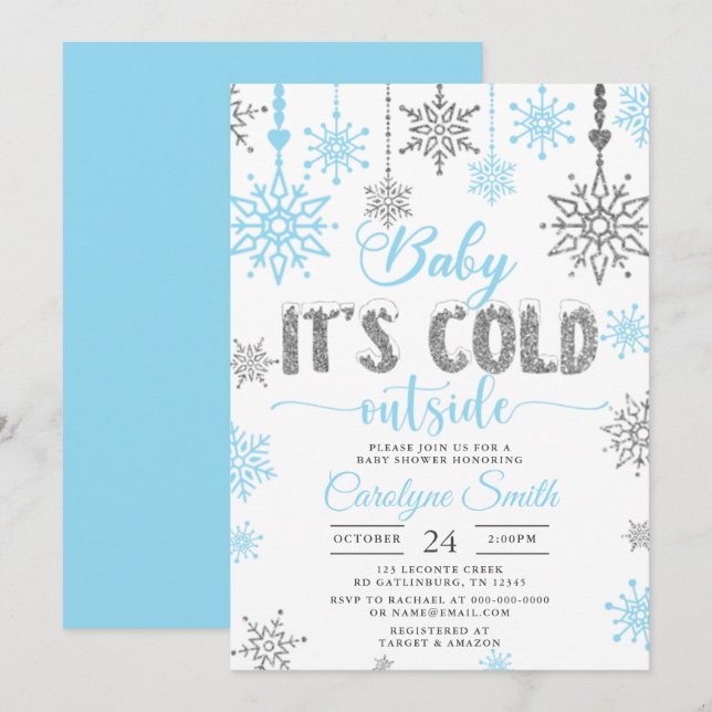 Blue Silver Boy Baby Its Cold Outside Baby Shower Invitation (Front/Back)